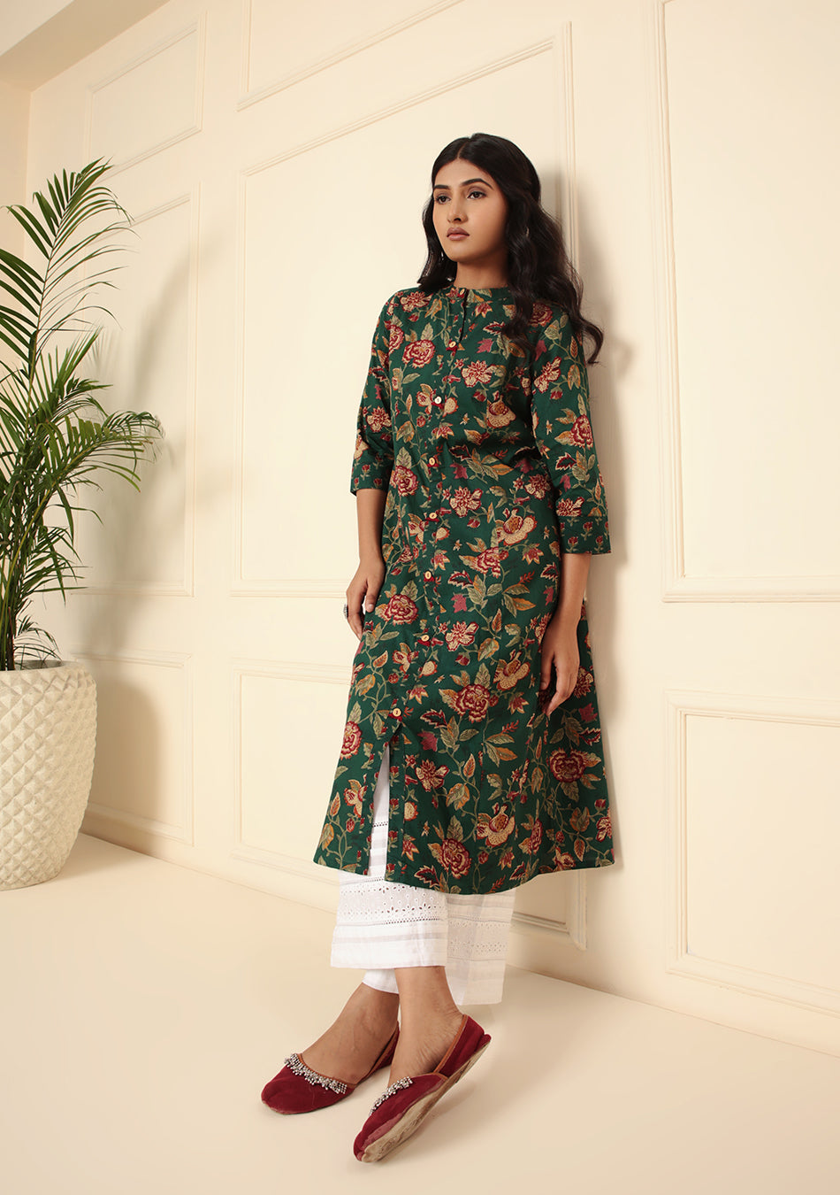 Emerald Bloom Floral Print A-Line Kurta