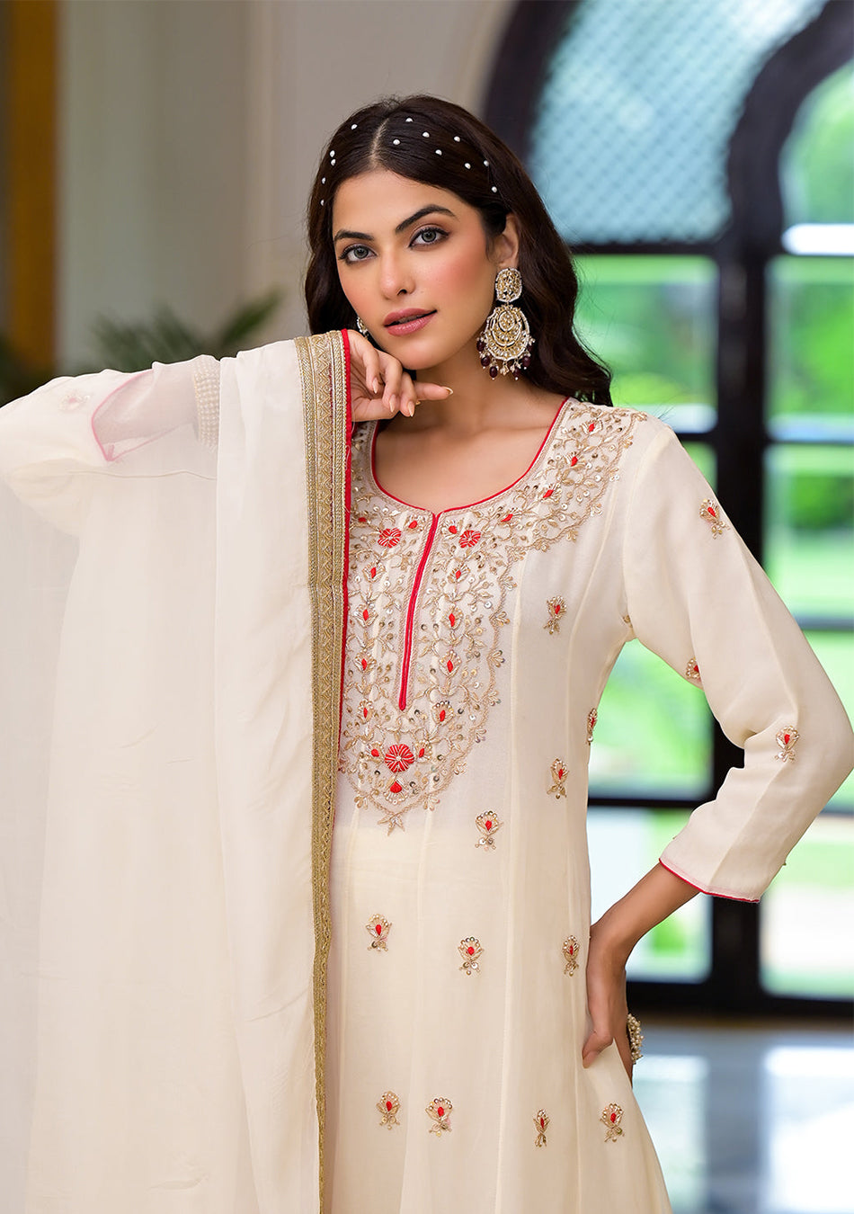 Cream Embroidered Zari Work Georgette  Kurta Set