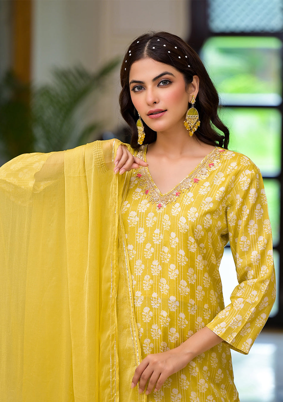 Yellow Printed Muslin Straight Kurta & Trouser with Dupatta