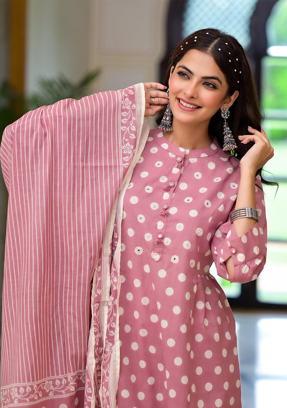 Light Pink Printed Pure Cotton Straight Kurta & Trouser with Dupatta