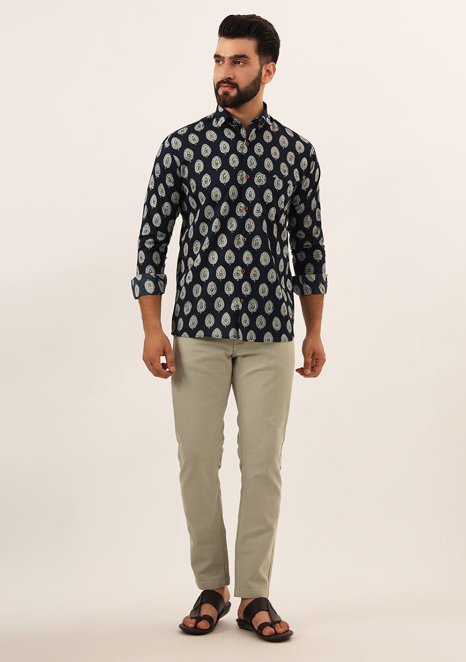 Navy Blue Printed Pure Cotton Regular Fit Casual Shirt