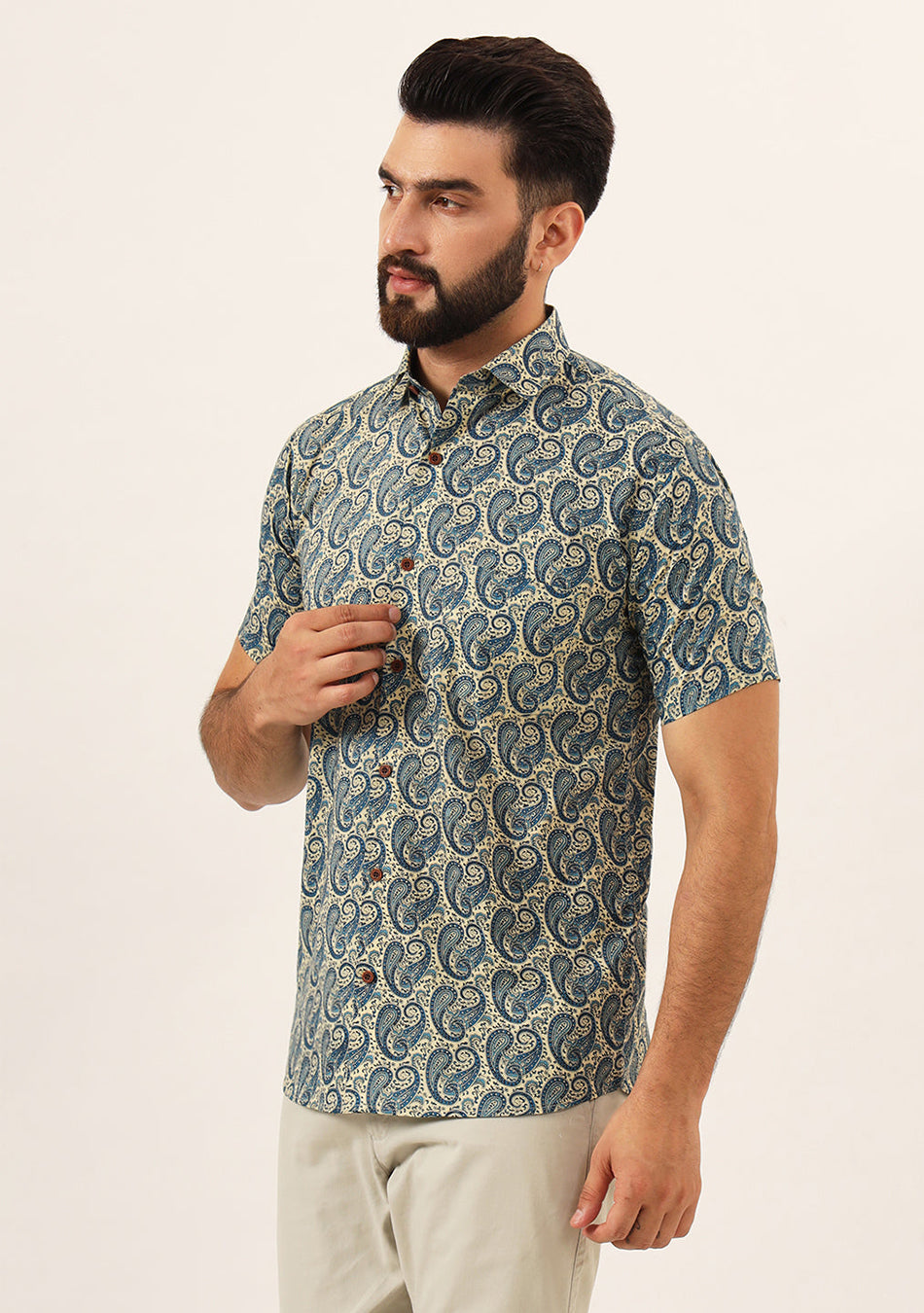 Beige Paisley Print Pure Cotton Regular Fit Casual Shirt