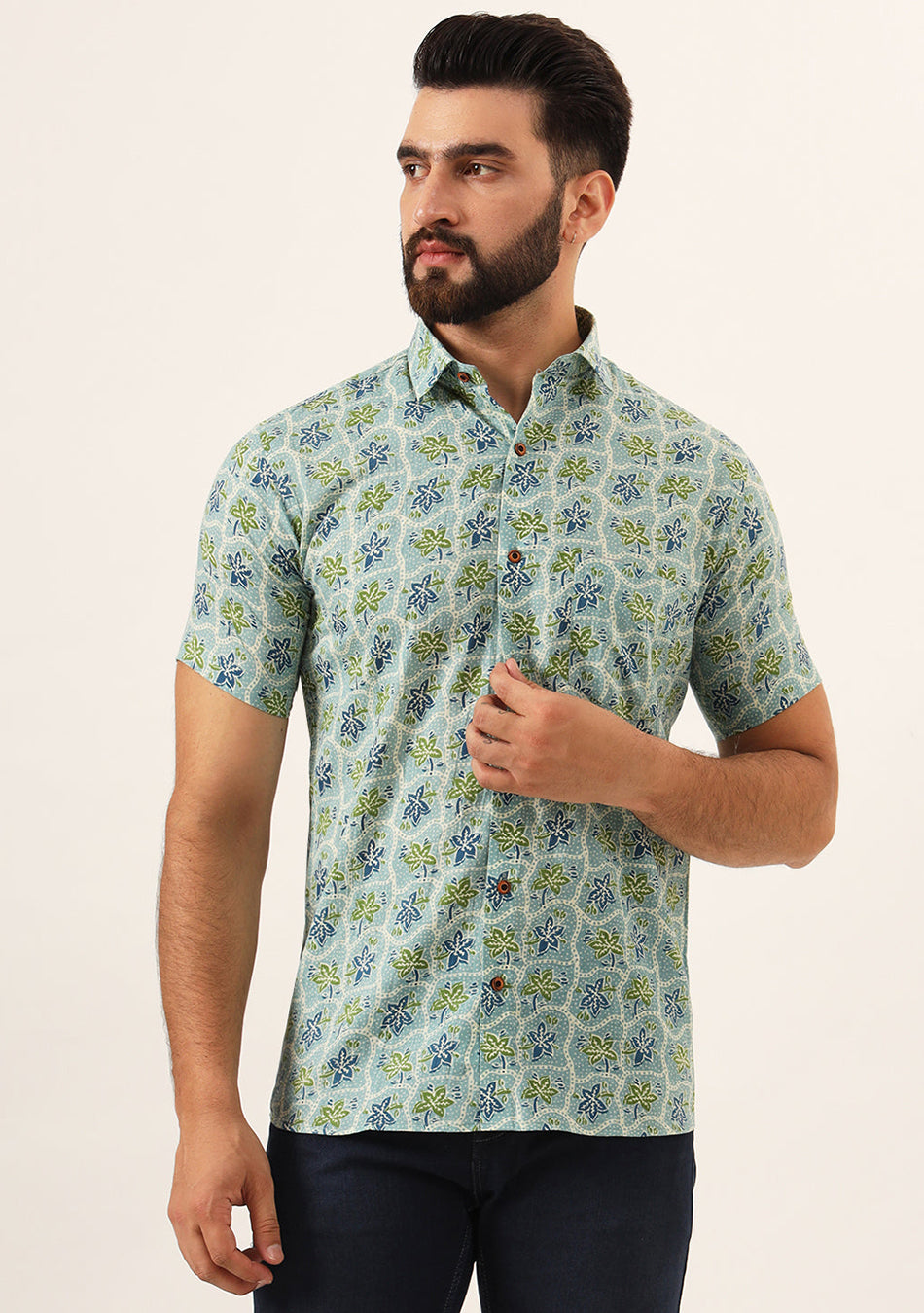 Green Floral Print Pure Cotton Regular Fit Casual Shirt