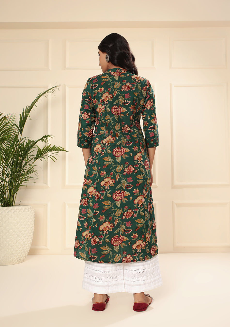 Emerald Bloom Floral Print A-Line Kurta