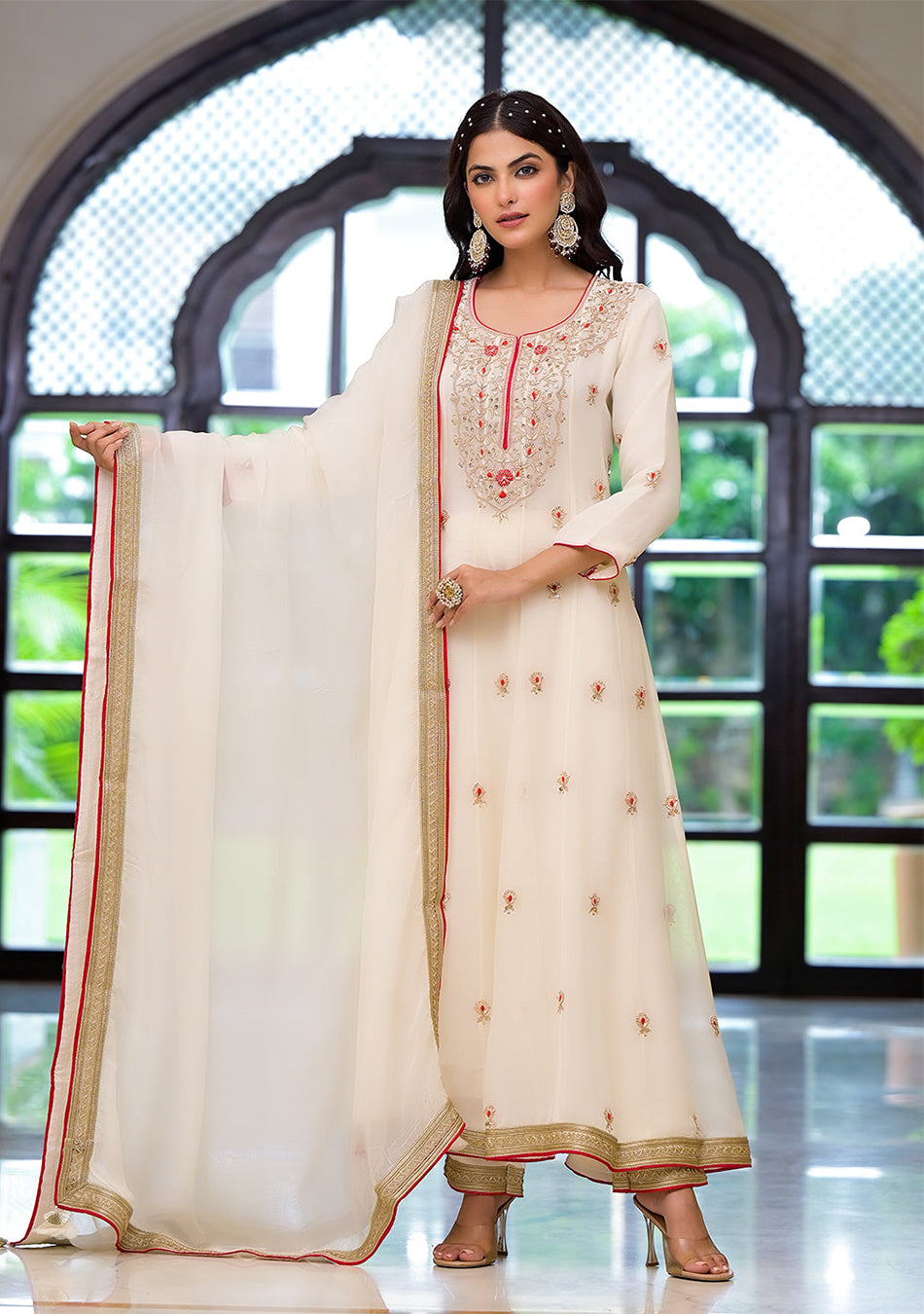 Cream Embroidered Zari Work Georgette  Kurta Set