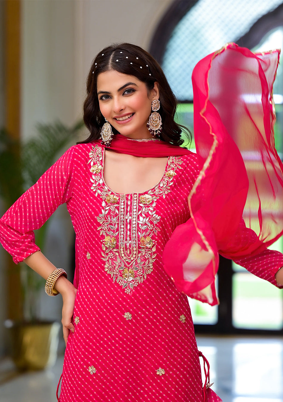 Pink Leheriya Print Georgette Fabric Straight Kurta & Trouser with Dupatta