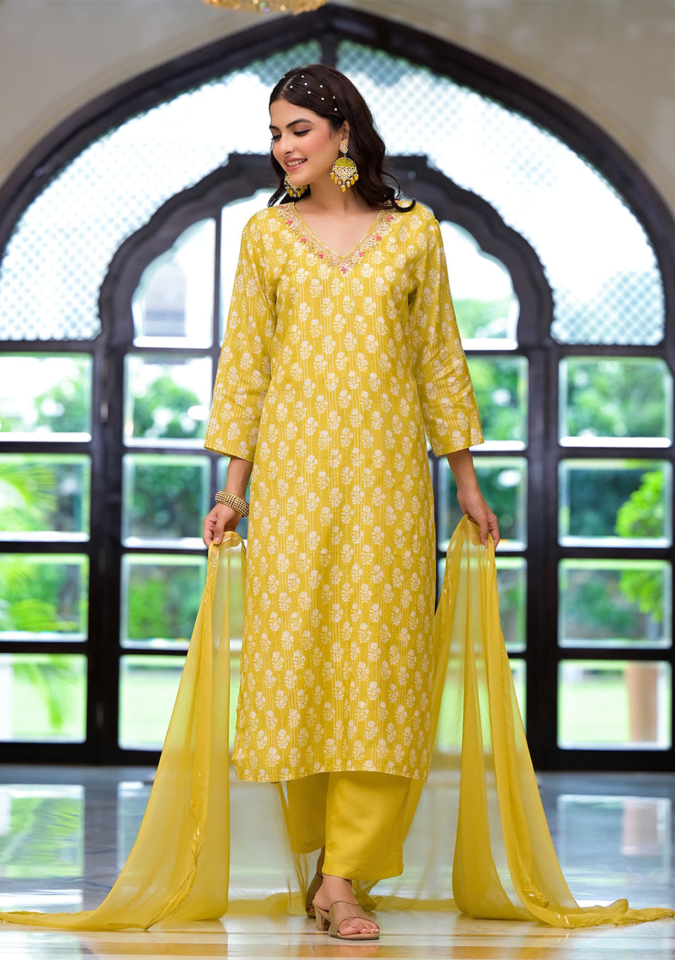 Yellow Printed Muslin Straight Kurta & Trouser with Dupatta