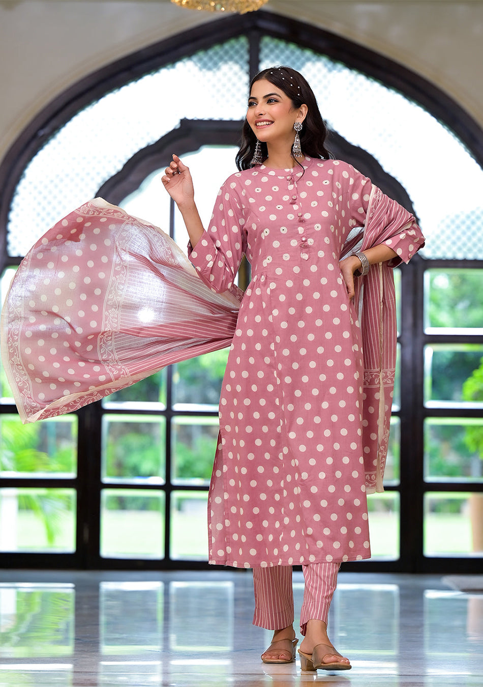 Light Pink Printed Pure Cotton Straight Kurta & Trouser with Dupatta