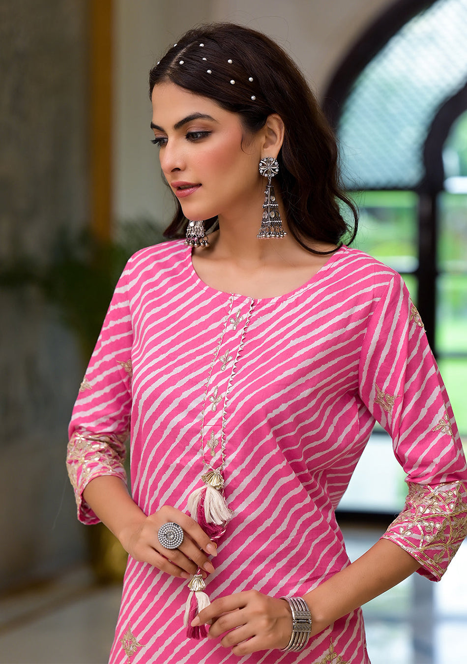 Pink Leheriya Print Embroidered Pure Cotton Straight Kurta