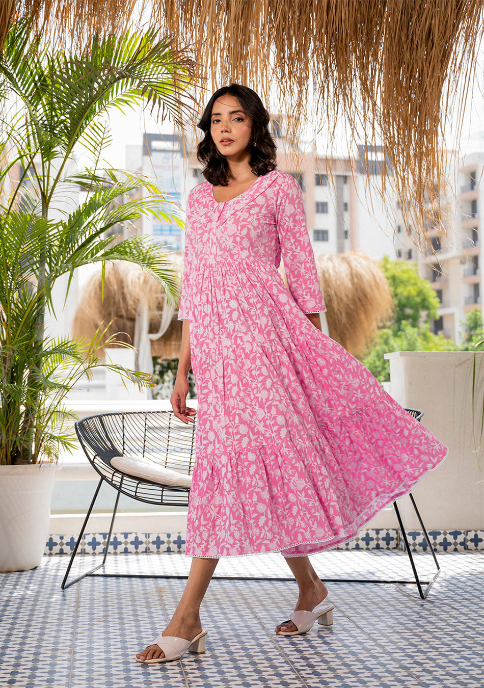 Pink Floral Printed Collar Neck Calf length Cotton dress for Women