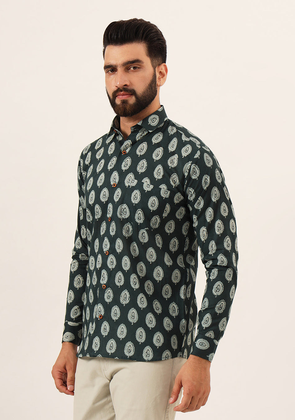 Dark Green Printed Pure Cotton Regular Fit Casual Shirt