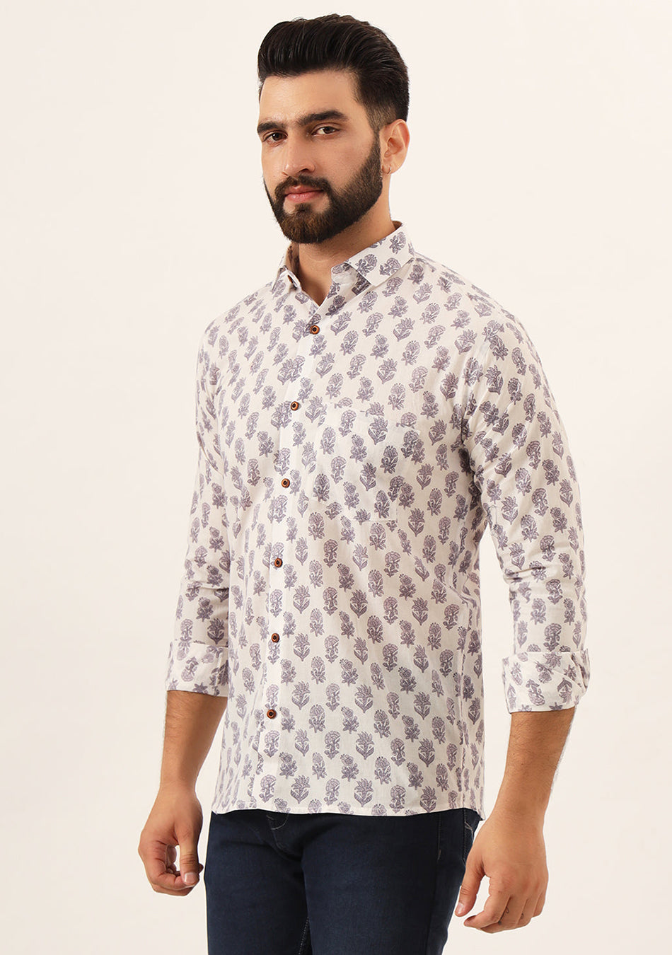 Cream Quirky Print Pure Cotton Regular Fit Casual Shirt