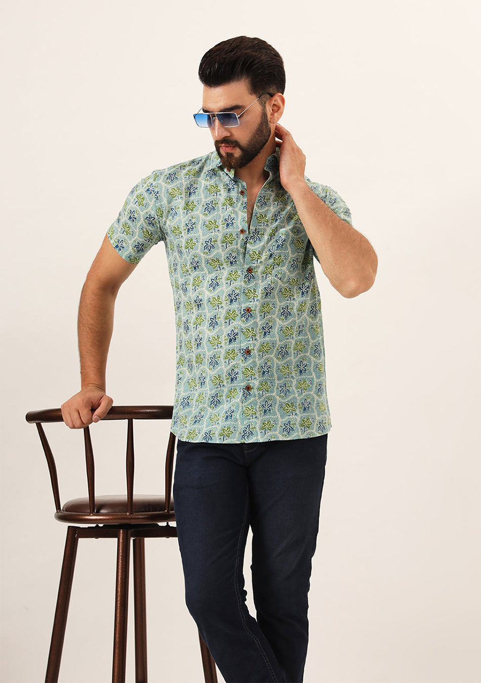 Green Floral Print Pure Cotton Regular Fit Casual Shirt