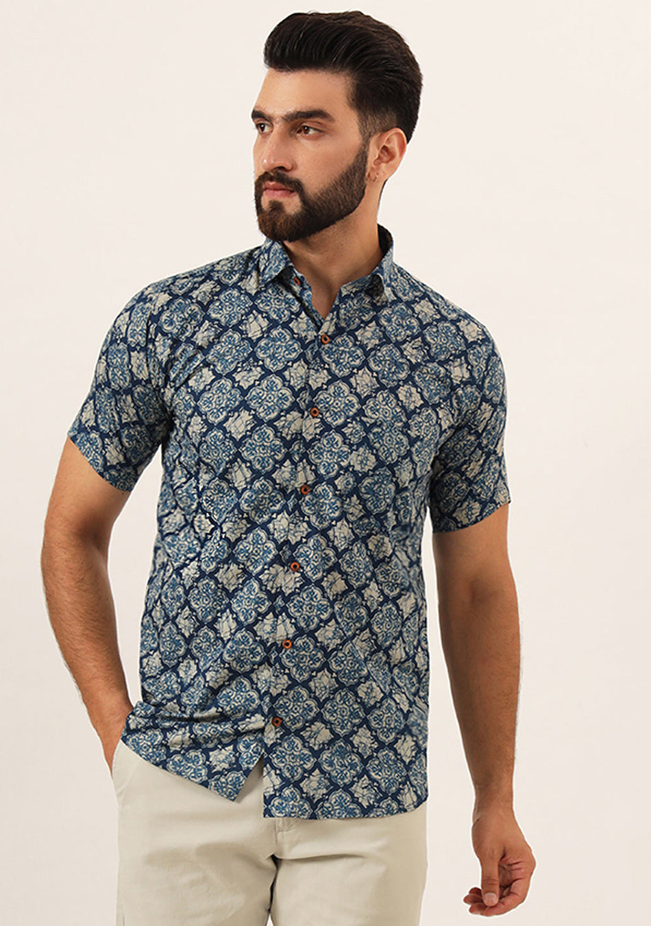 Blue Geometric Pure Cotton Regular Fit Casual Shirt