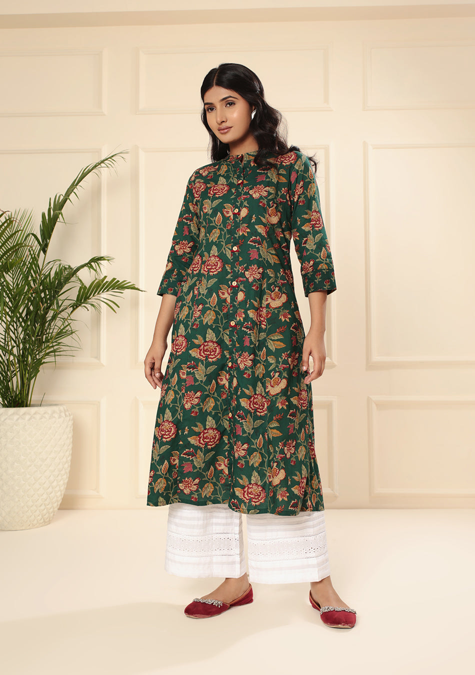 Emerald Bloom Floral Print A-Line Kurta