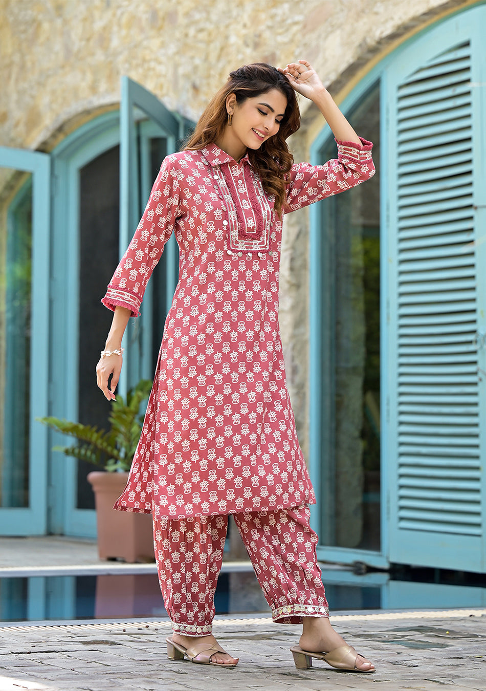 Peach Cotton Straight Knee Long Co-Ord Set or Pathani Suit