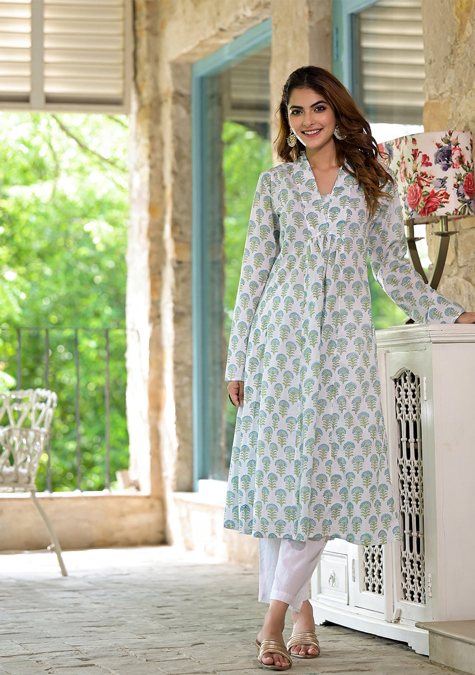 White & Green Floral Handblock Printed Cotton Anarkali Kurta Set