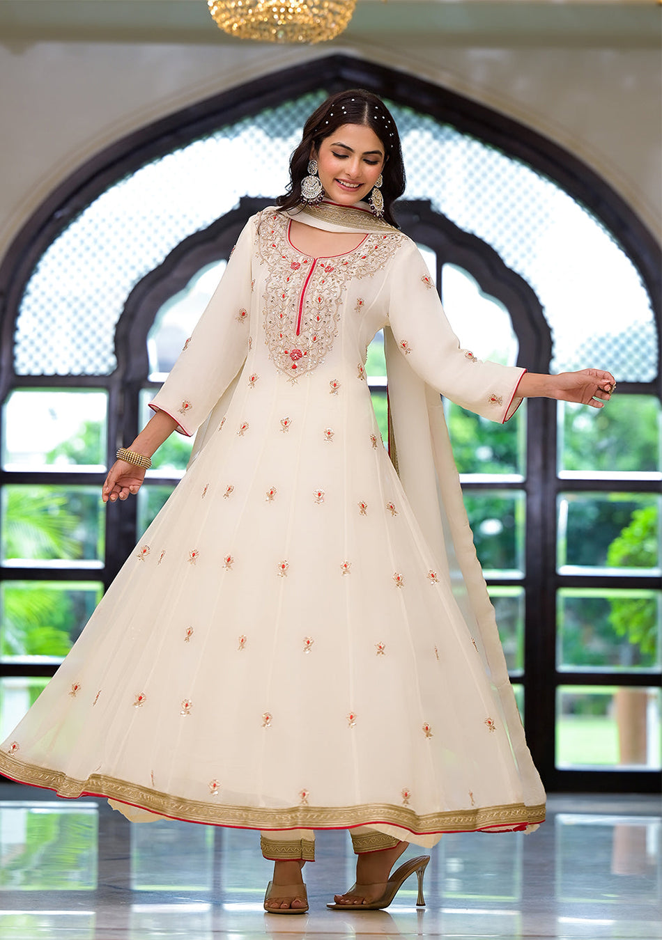 Cream Embroidered Zari Work Georgette  Kurta Set