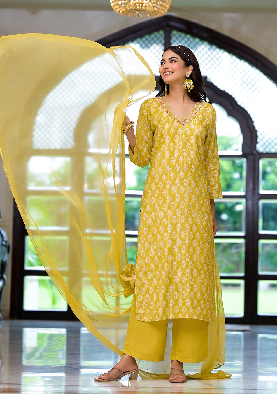 Yellow Printed Muslin Straight Kurta & Trouser with Dupatta