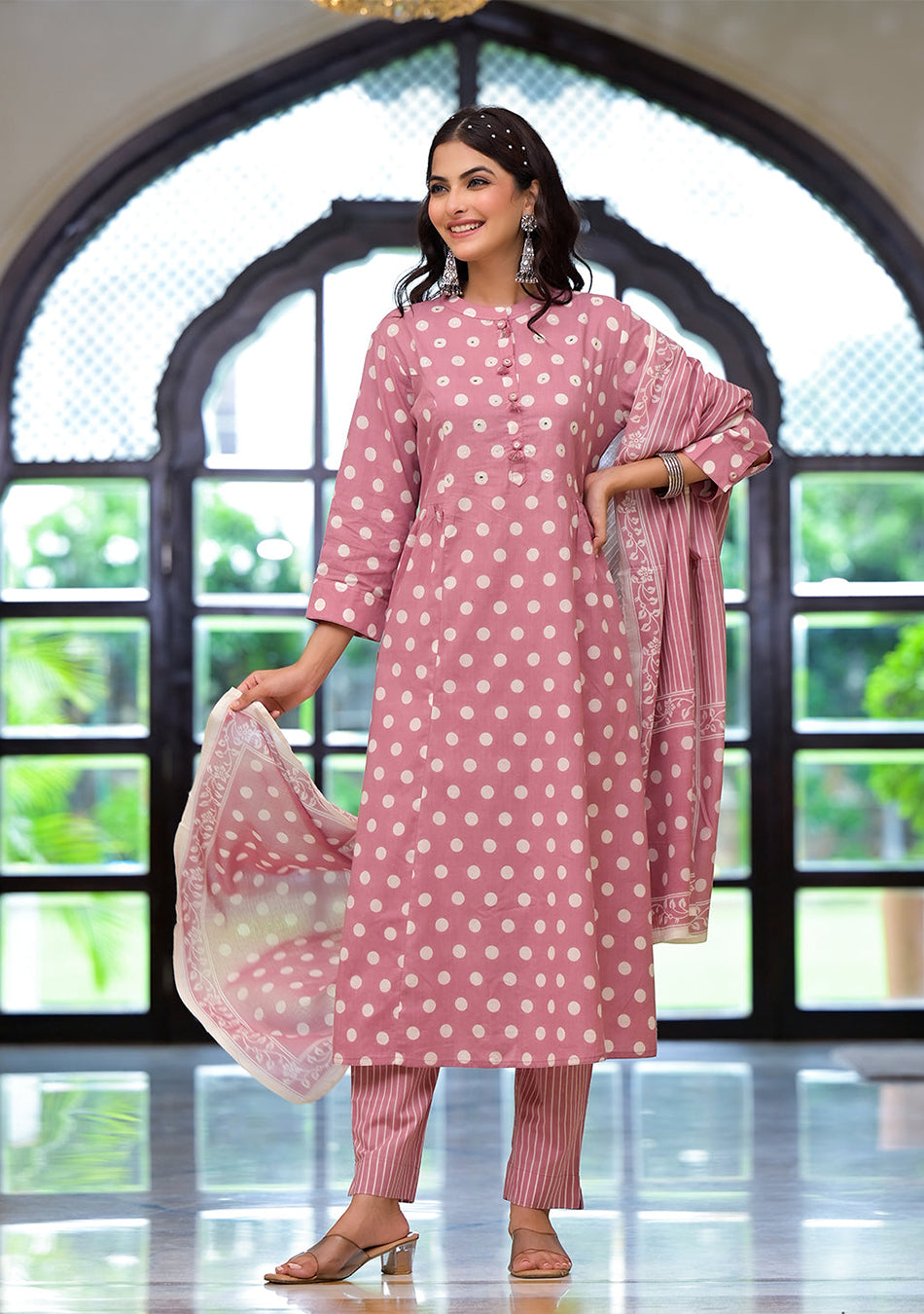 Light Pink Printed Pure Cotton Straight Kurta & Trouser with Dupatta