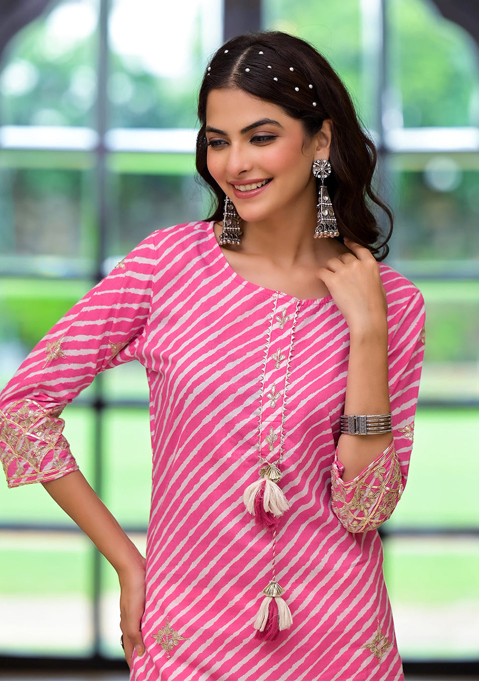 Pink Leheriya Print Embroidered Pure Cotton Straight Kurta