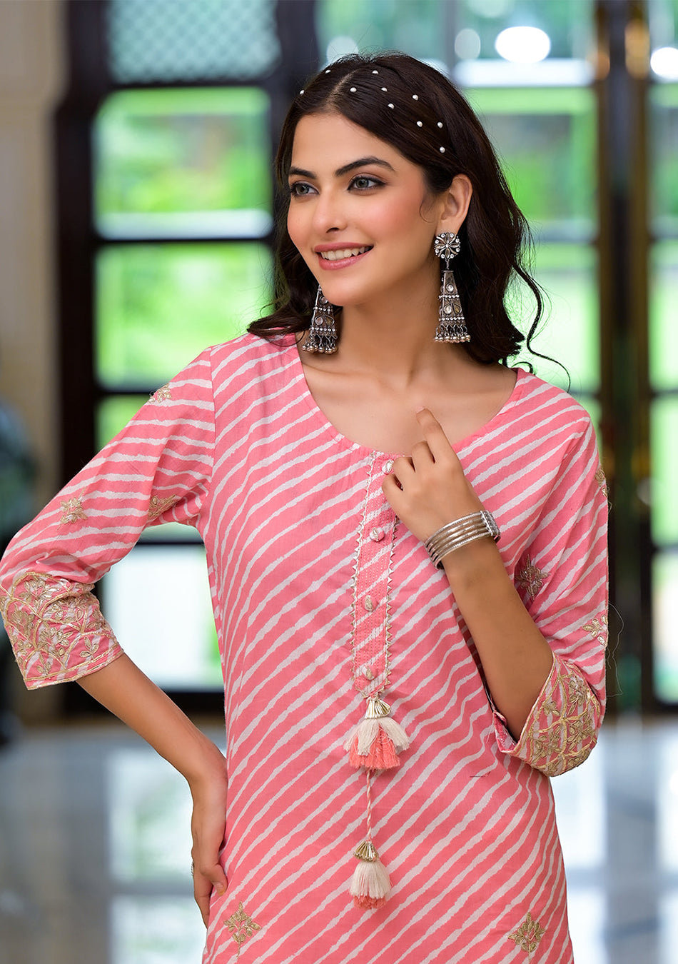 Peach Leheriya Print Embroidered Pure Cotton Straight Kurta