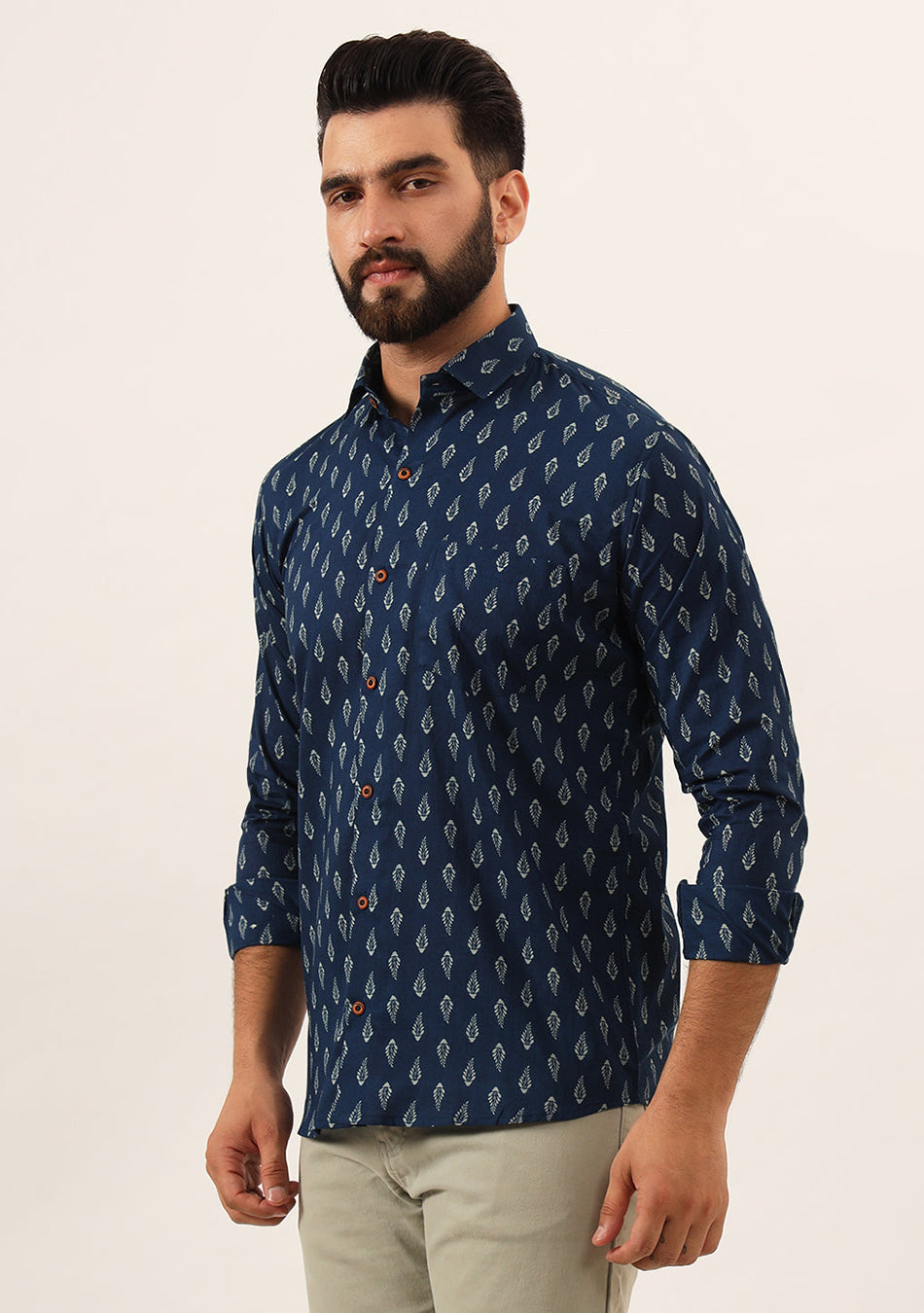 Indigo blue Floral Print Pure Cotton Regular Fit Casual Shirt