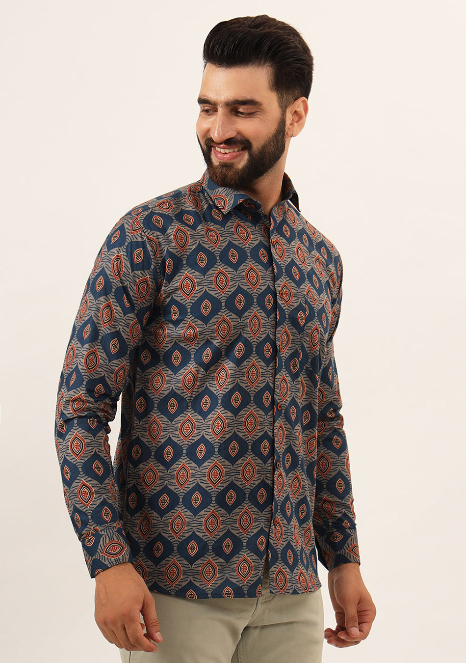 Blue Printed Pure Cotton Regular Fit Casual Shirt