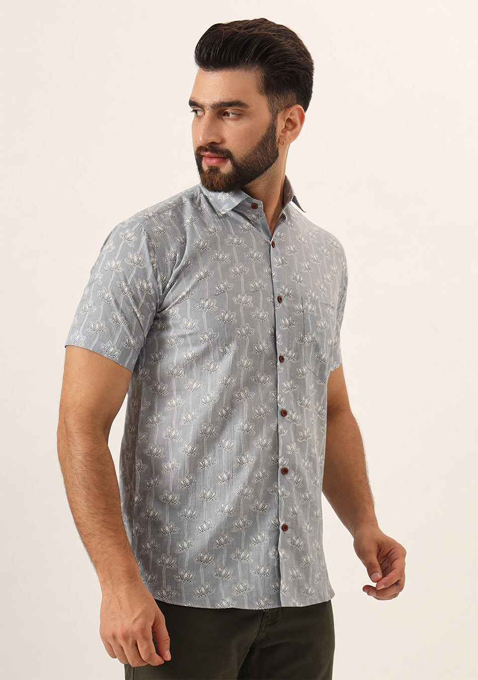 Grey Printed Pure Cotton Regular Fit Casual Shirt for Men