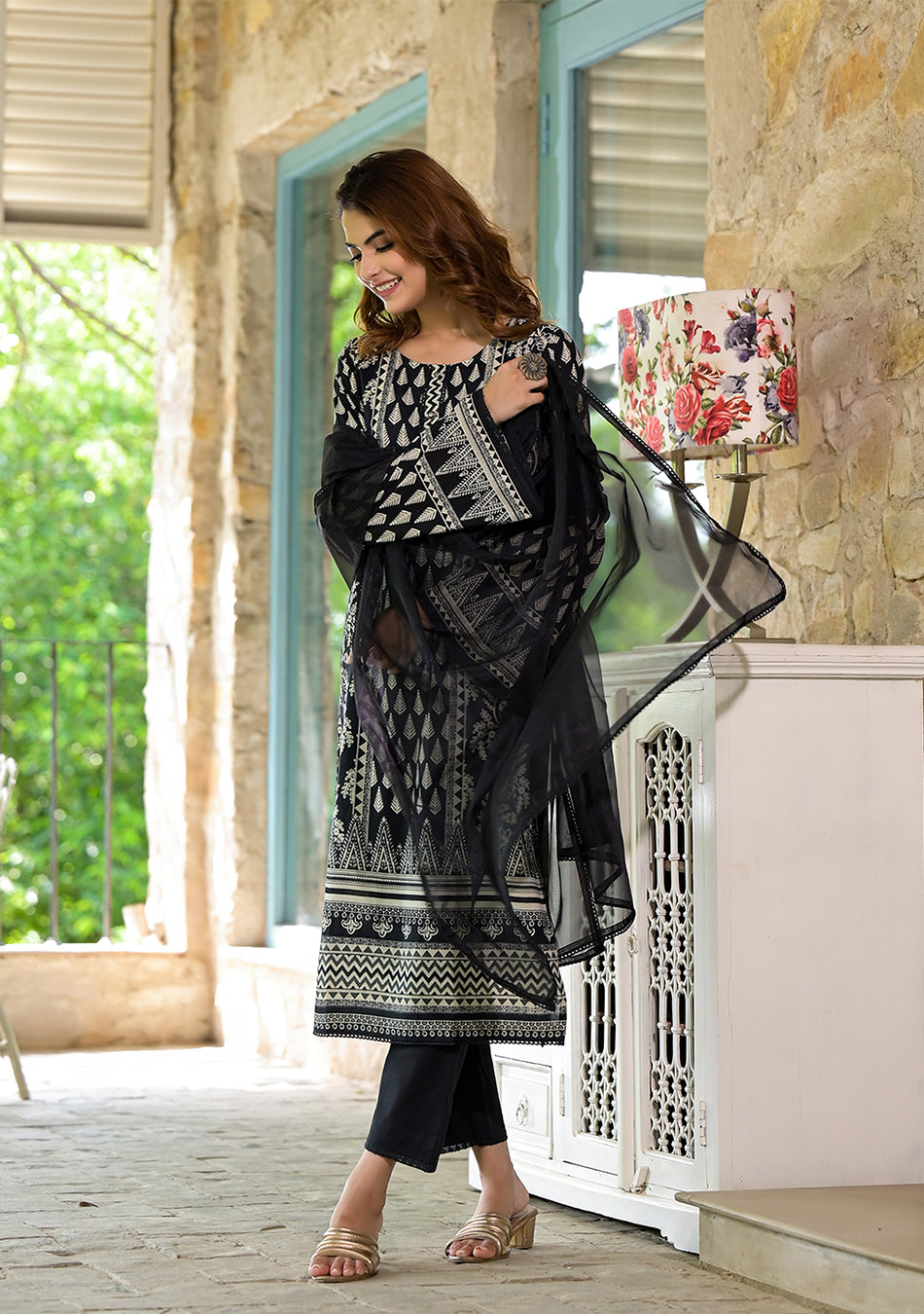 Black Cotton Straight Fit Knee Long Kurta Set for Women