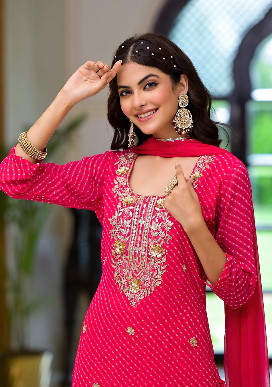 Pink Leheriya Print Georgette Fabric Straight Kurta & Trouser with Dupatta