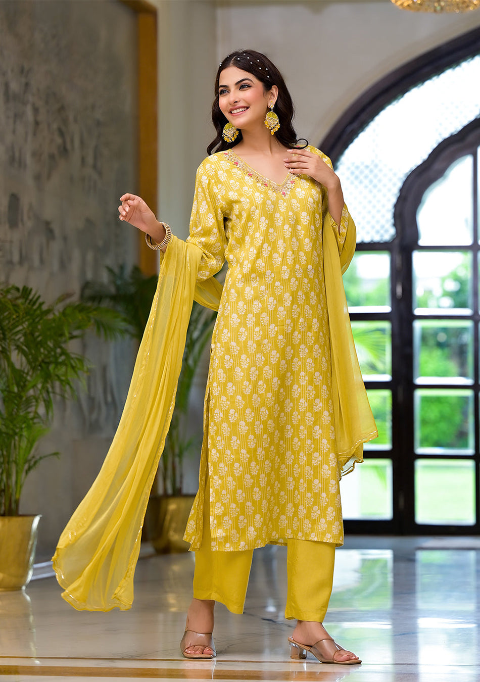 Yellow Printed Muslin Straight Kurta & Trouser with Dupatta