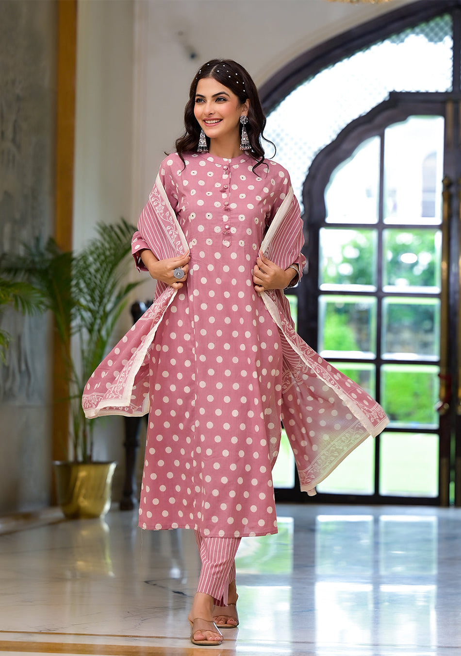 Light Pink Printed Pure Cotton Straight Kurta & Trouser with Dupatta