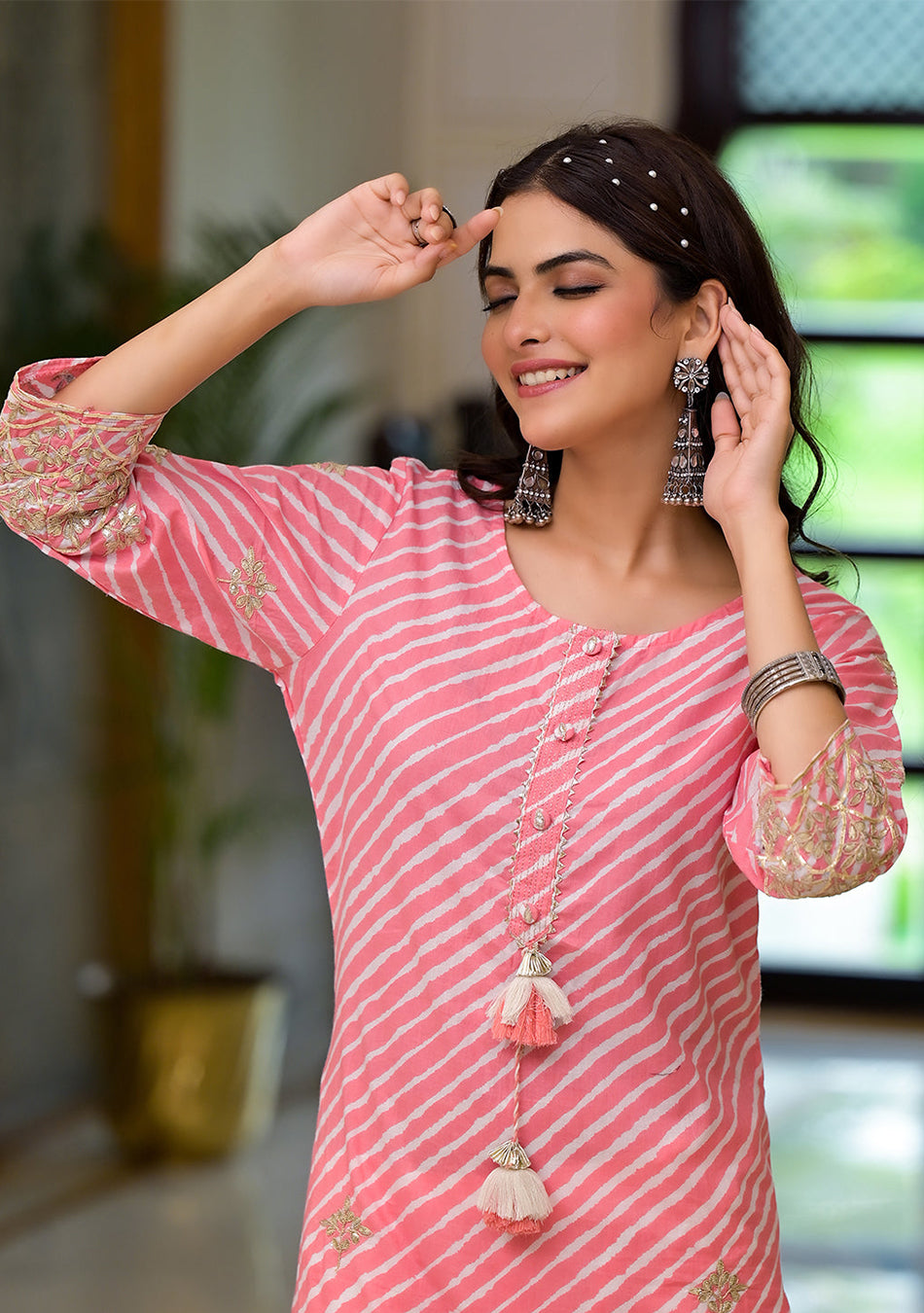 Peach Leheriya Print Embroidered Pure Cotton Straight Kurta