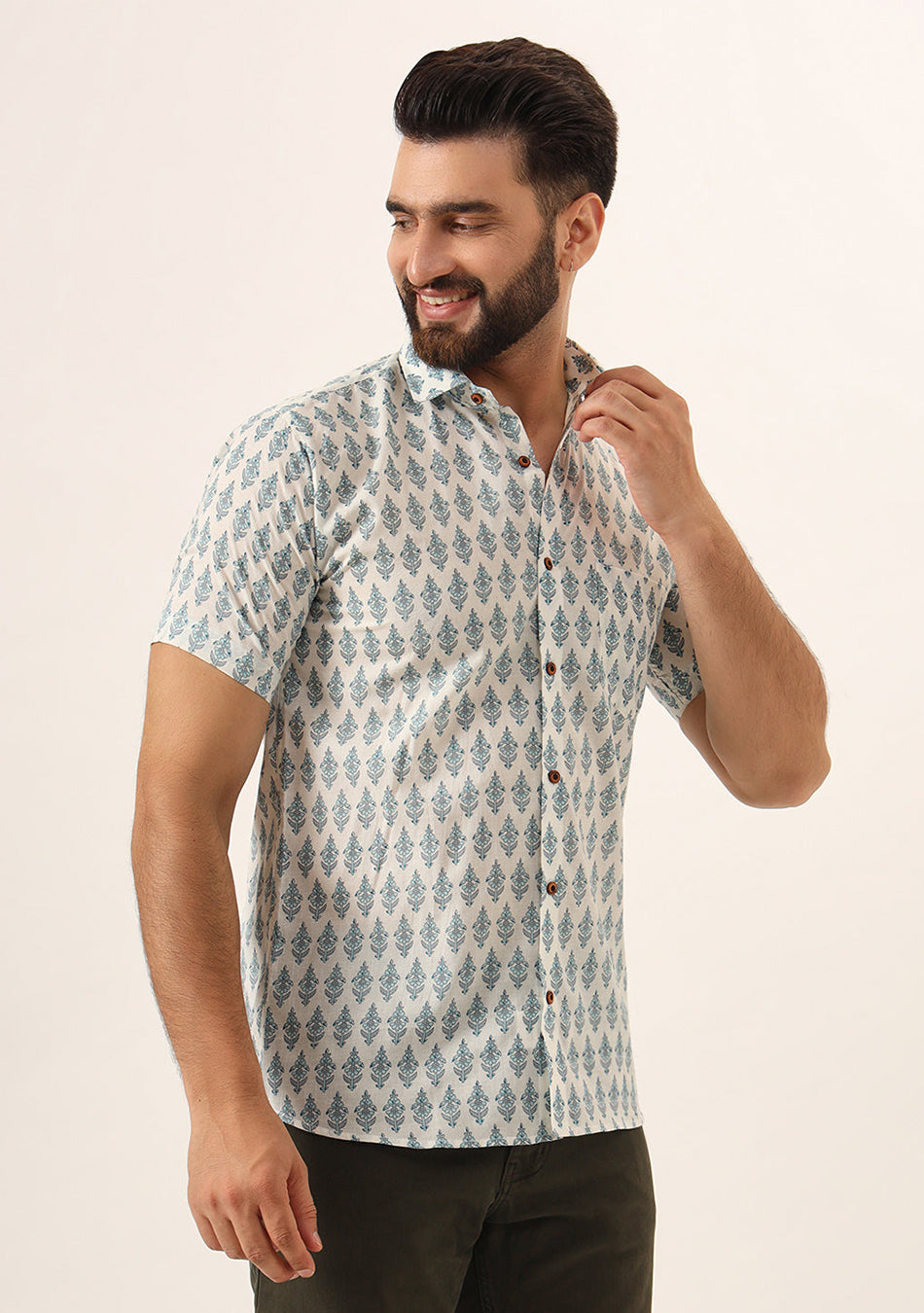 Sky Blue Geometric Pure Cotton Regular Fit Casual Shirt for Men