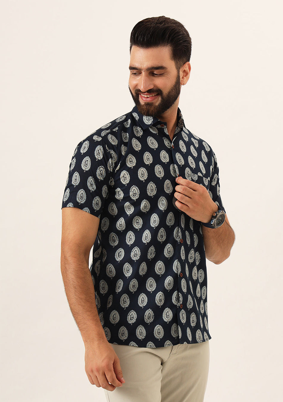 Navy Blue Floral Print Pure Cotton Regular Fit Casual Shirt