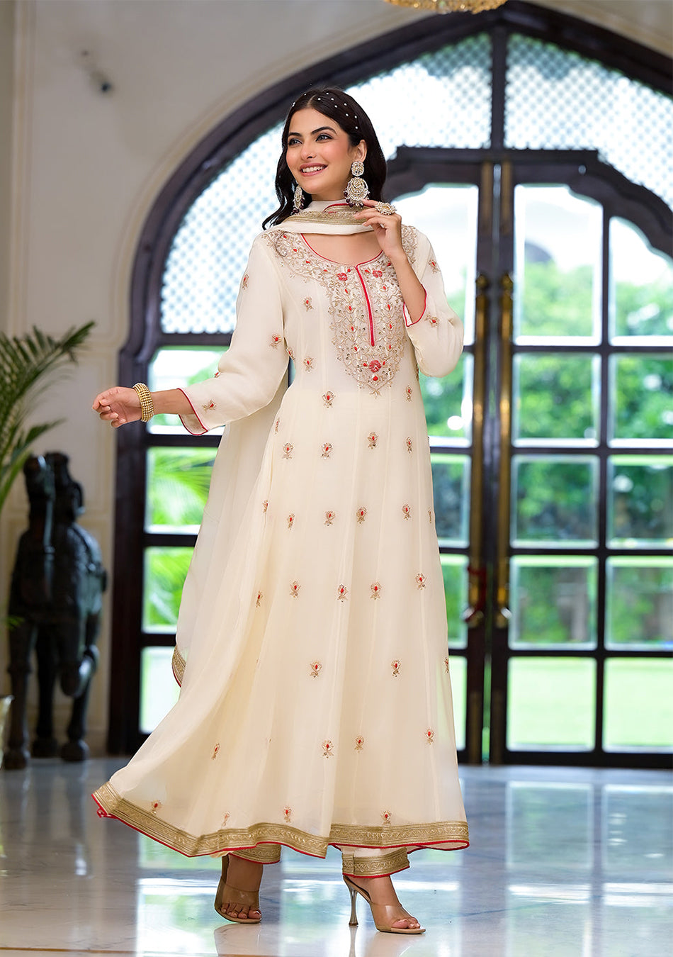 Cream Embroidered Zari Work Georgette  Kurta Set