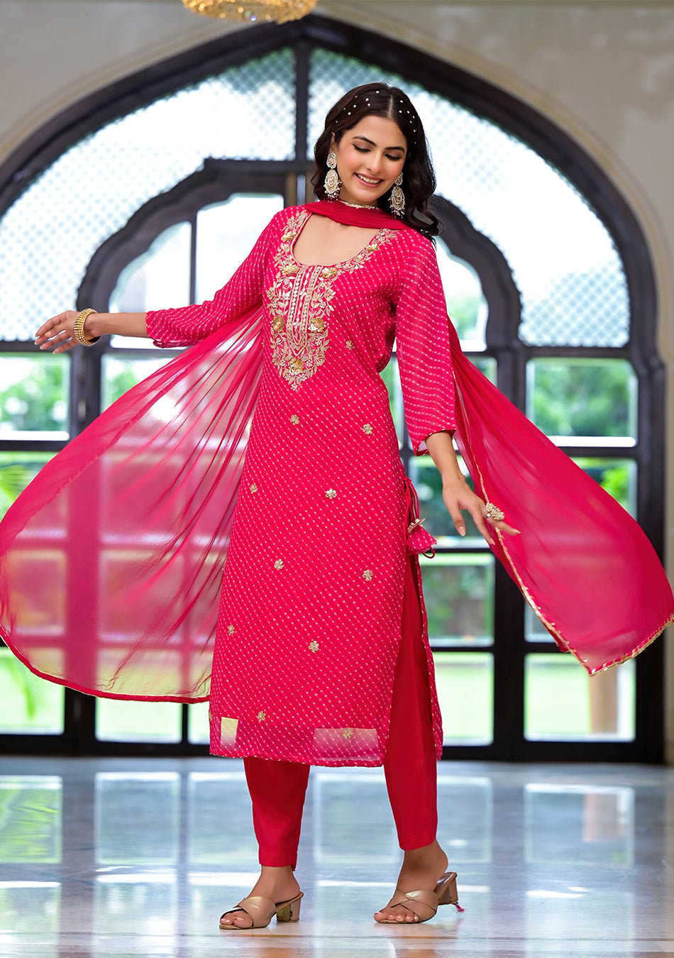 Pink Leheriya Print Georgette Fabric Straight Kurta & Trouser with Dupatta