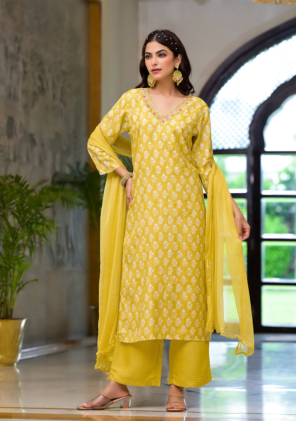 Yellow Printed Muslin Straight Kurta & Trouser with Dupatta