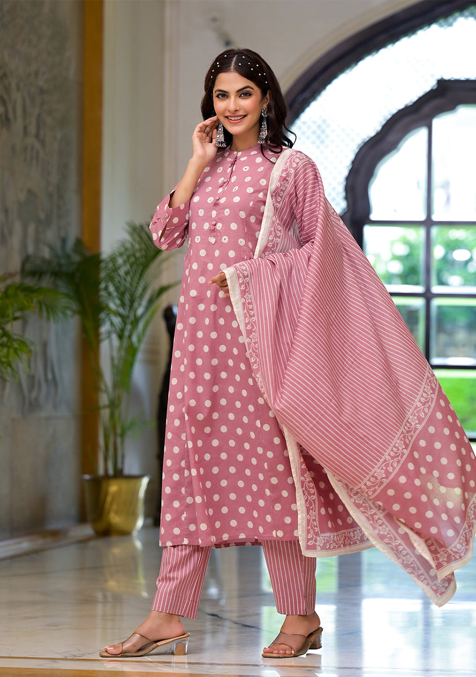 Light Pink Printed Pure Cotton Straight Kurta & Trouser with Dupatta