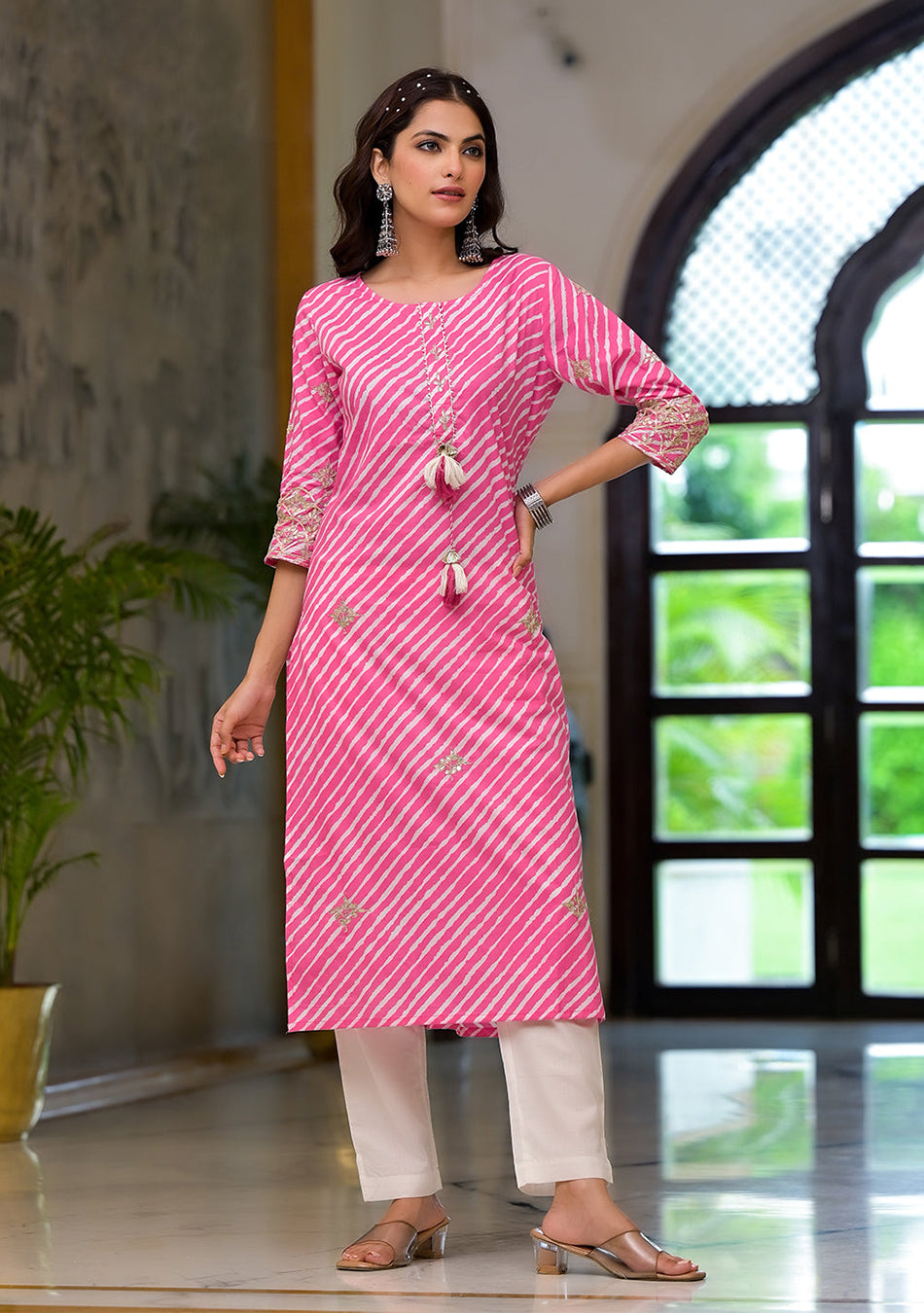 Pink Leheriya Print Embroidered Pure Cotton Straight Kurta