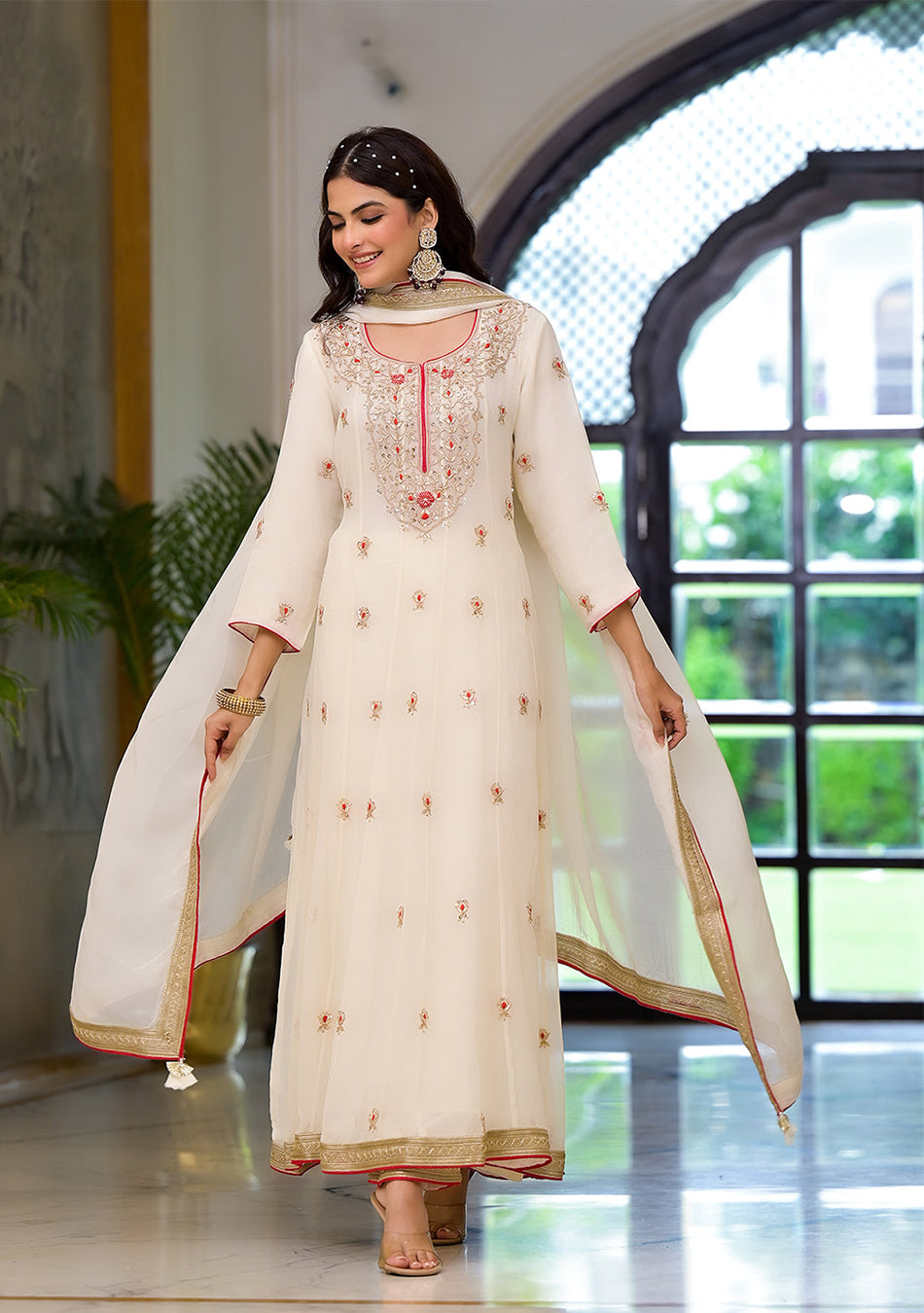 Cream Embroidered Zari Work Georgette  Kurta Set