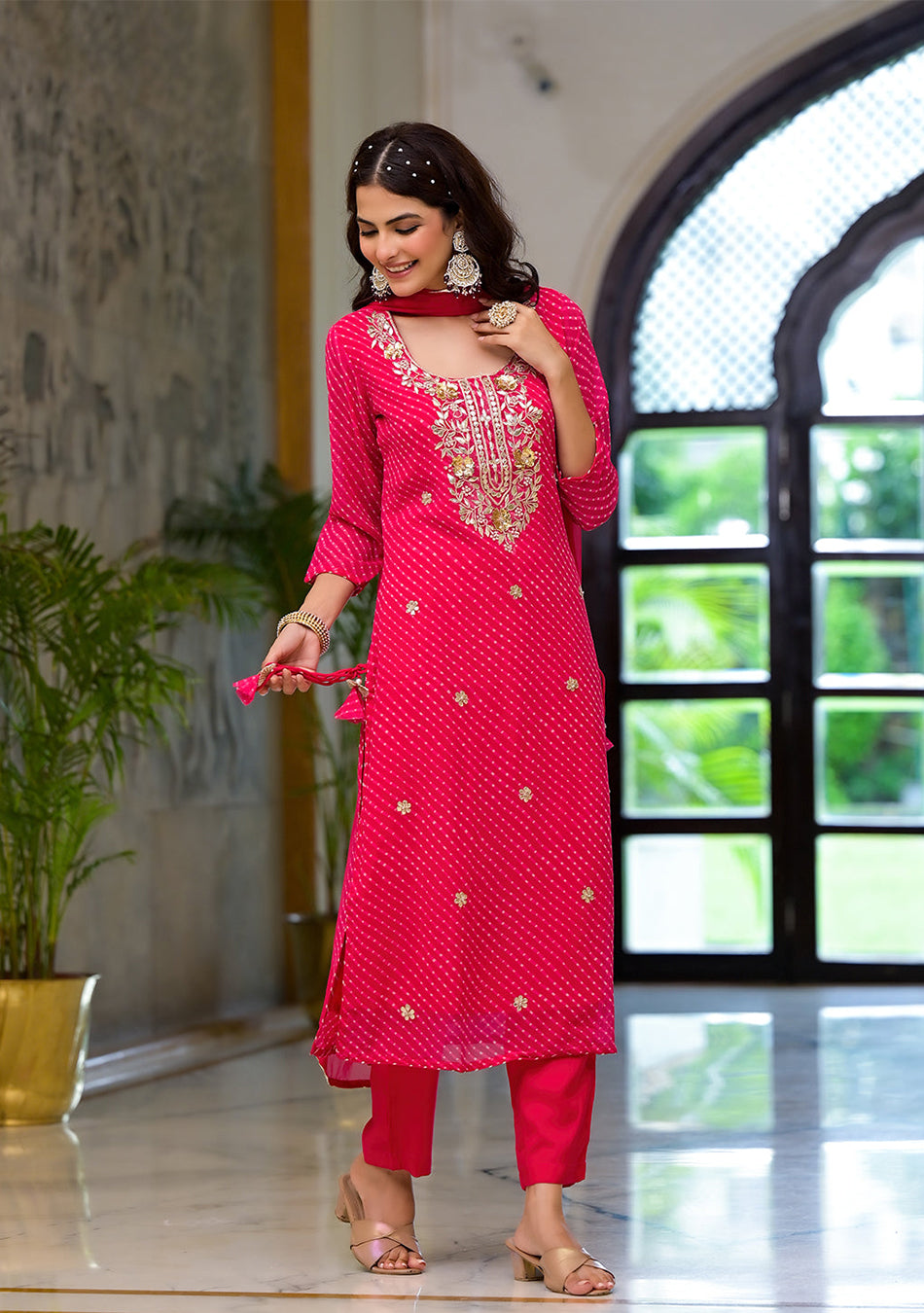 Pink Leheriya Print Georgette Fabric Straight Kurta & Trouser with Dupatta