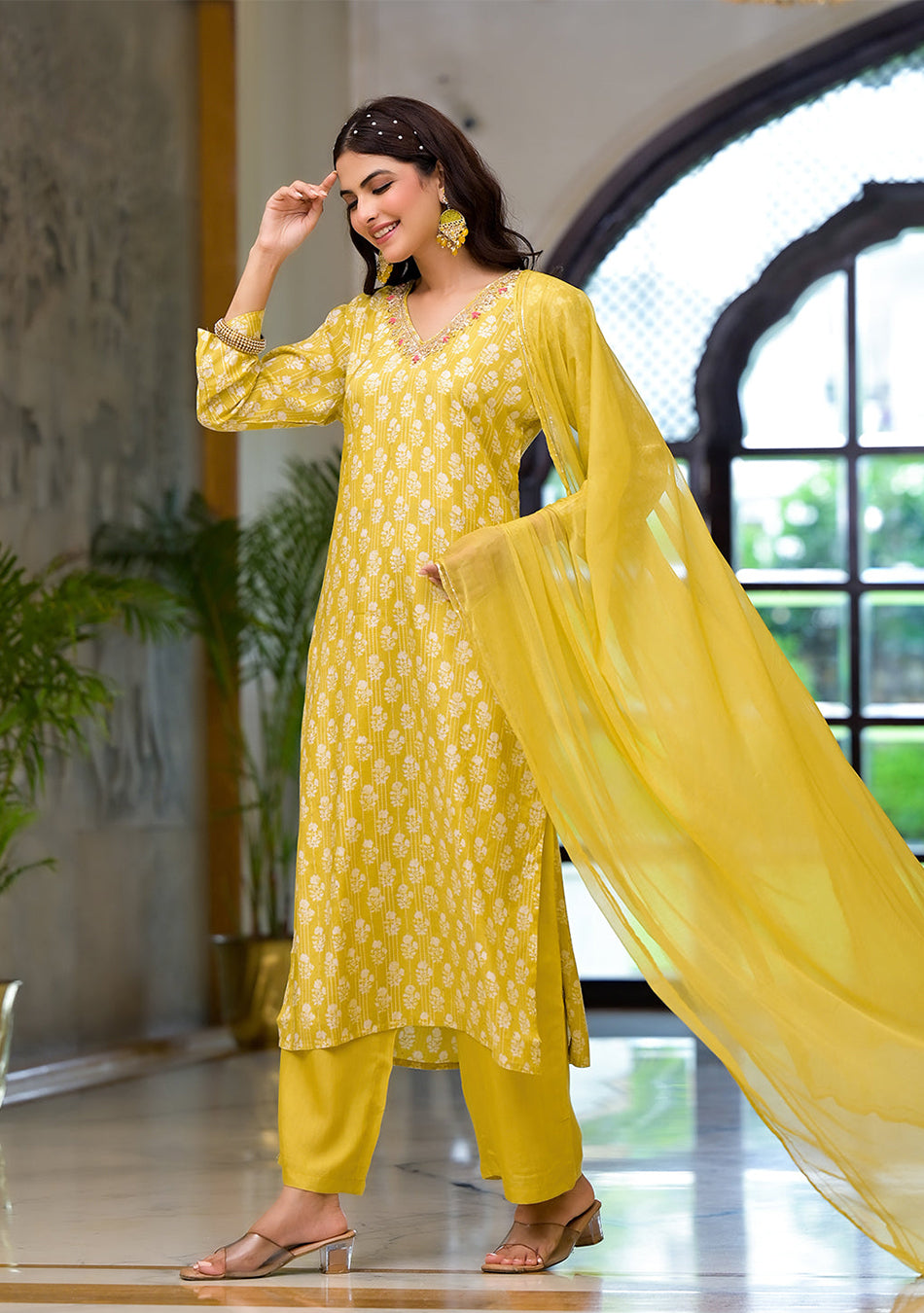 Yellow Printed Muslin Straight Kurta & Trouser with Dupatta