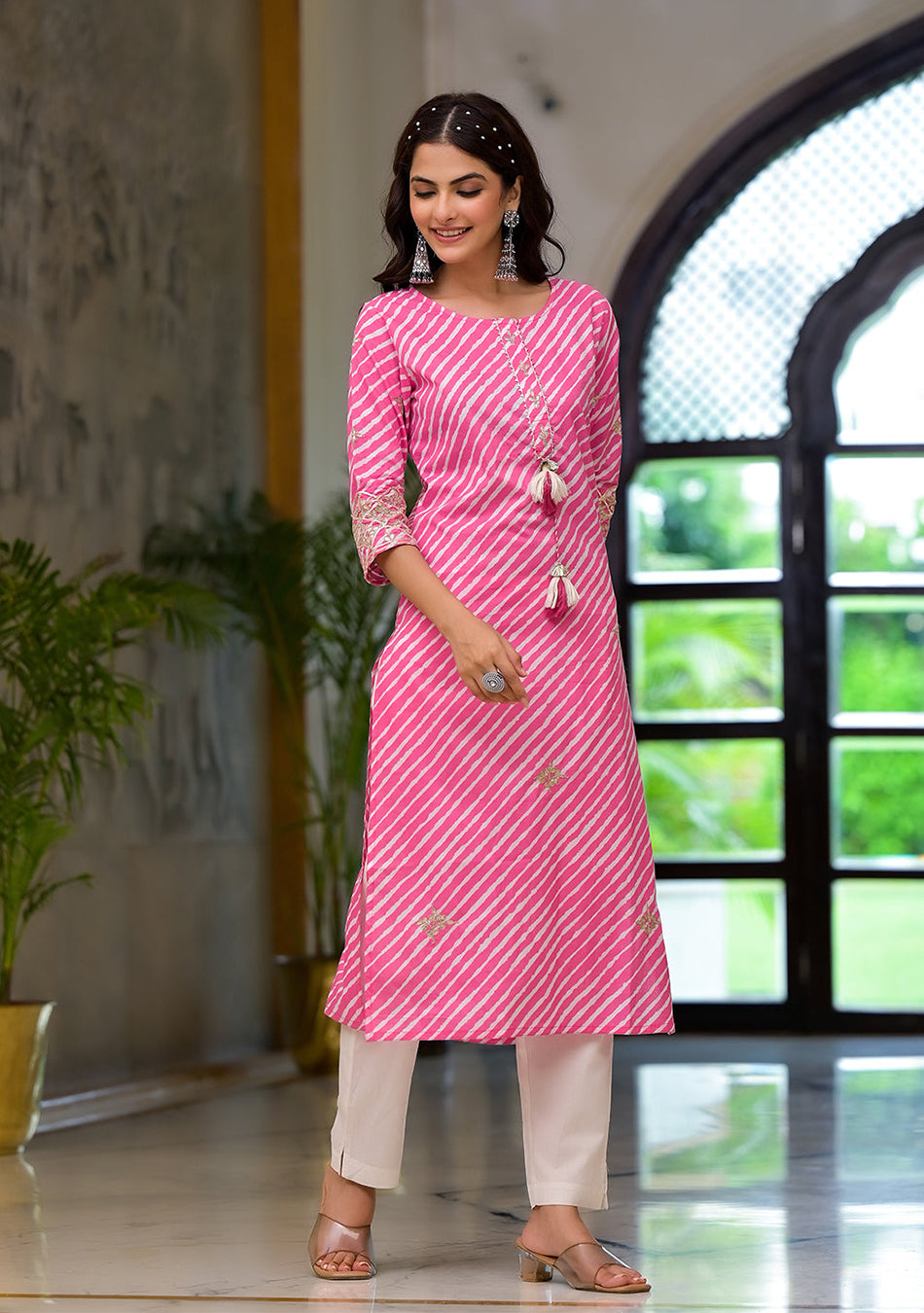 Pink Leheriya Print Embroidered Pure Cotton Straight Kurta