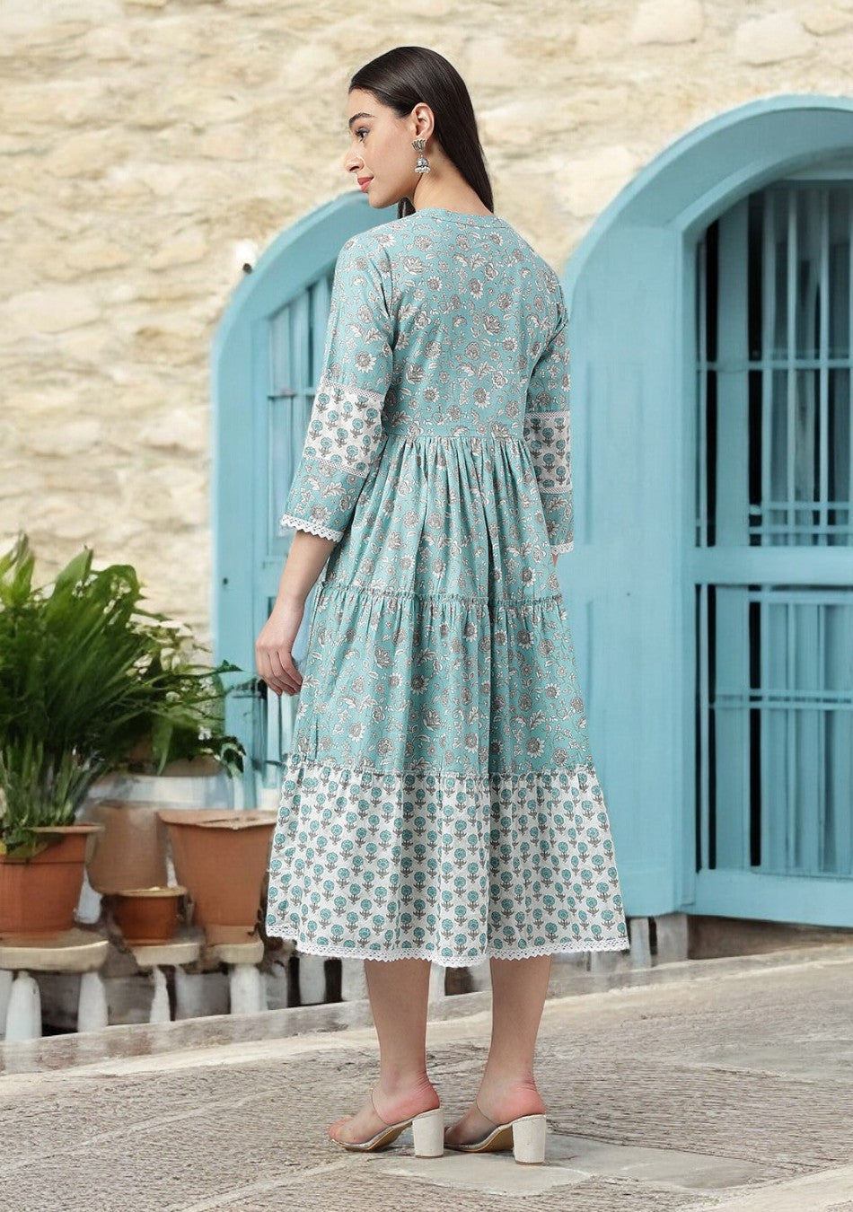 Sky Blue Hand Block Floral Printed Midi Dress