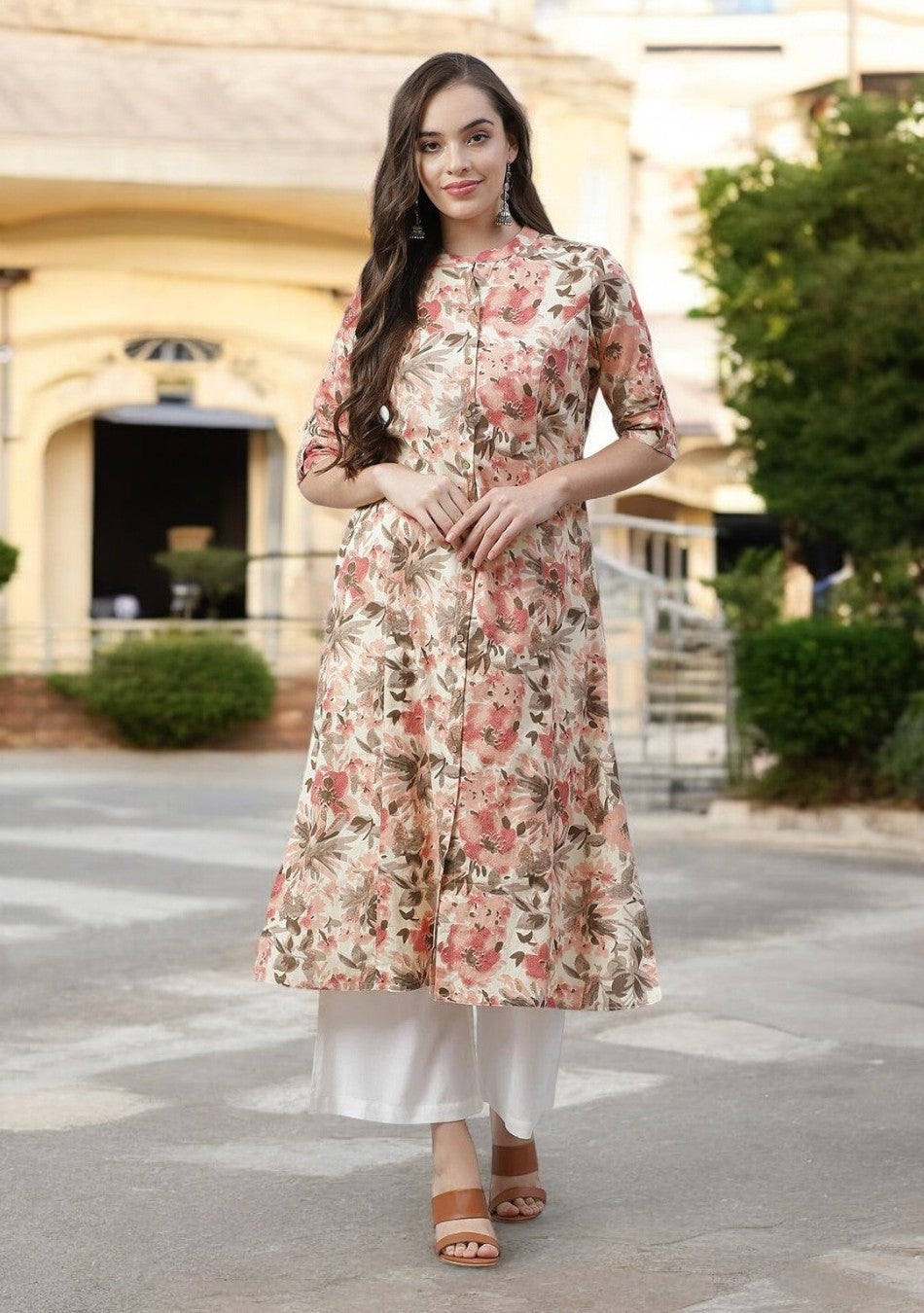 Cream Cotton Floral Print A-line Kurta