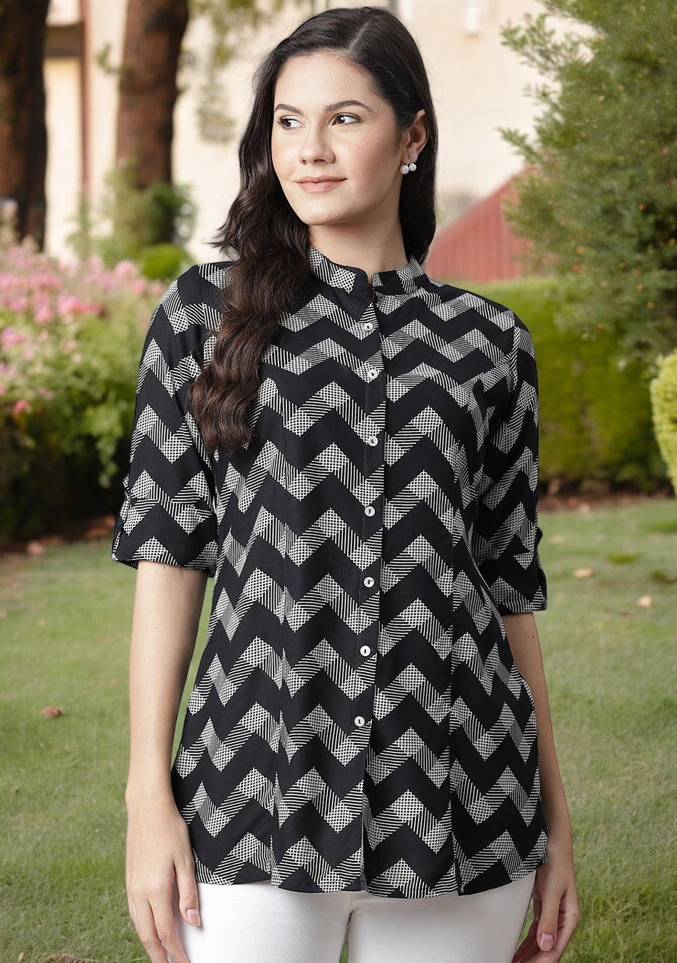 Black Rayon Zigzag Print Shirts Style Top