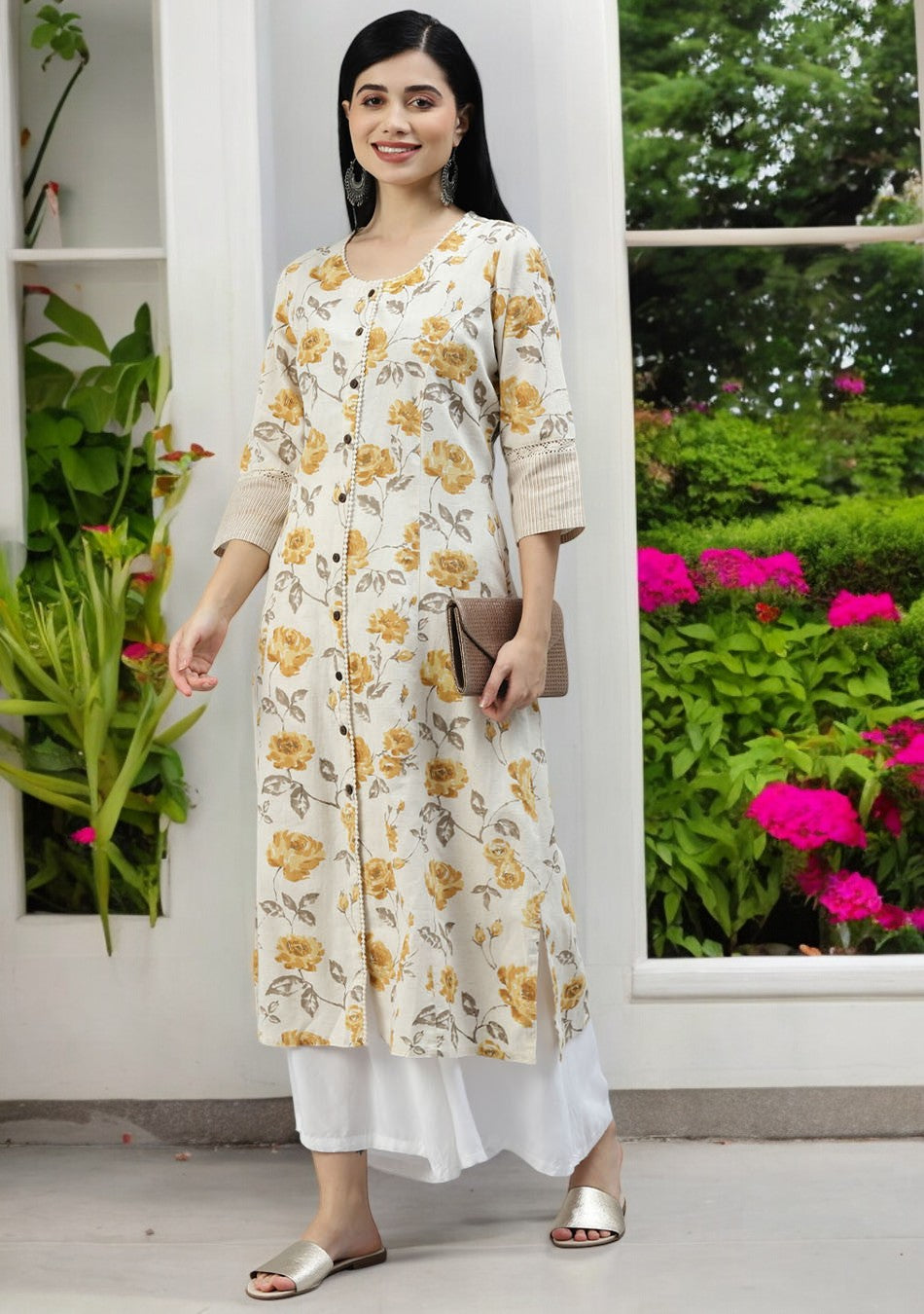 Floral Print Yellow Cotton A-line Kurta