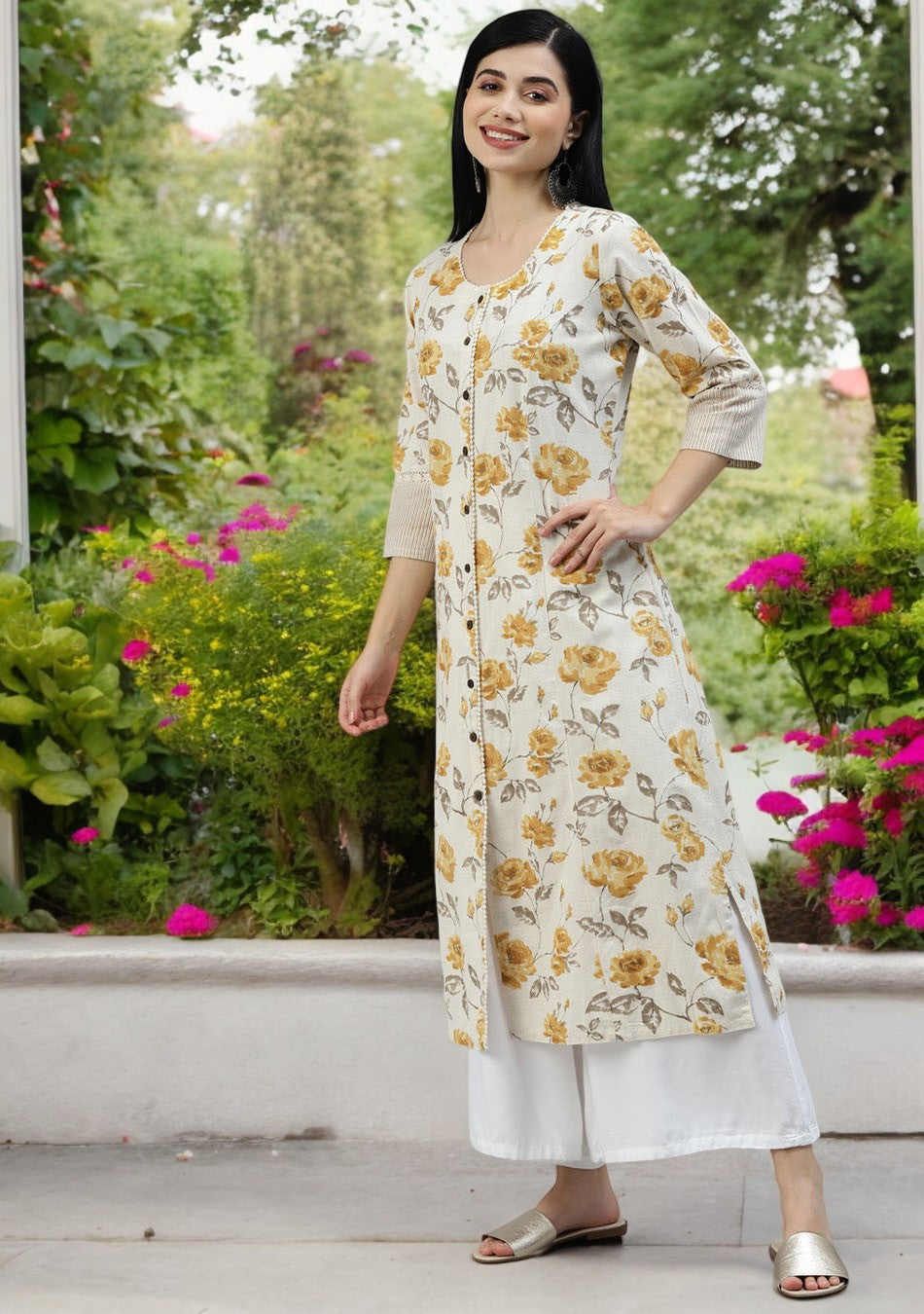 Floral Print Yellow Cotton A-line Kurta